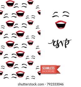 Fashion greeting card with girl emotional faces. Seamless pattern background with woman fashion emoticons, emoji, smiley icons, characters. Inscription: rsvp. Vector template.
