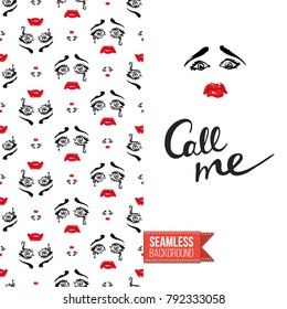 Fashion greeting card with girl emotional faces. Seamless pattern background with woman fashion emoticons, emoji, smiley icons, characters. Inscription: call me. Vector template.