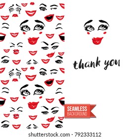 Fashion greeting card with girl emotional faces. Seamless pattern background with woman fashion emoticons, emoji, smiley icons, characters. Inscription: thank you. Vector template.