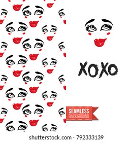 Fashion greeting card with girl emotional faces. Seamless pattern background with woman fashion emoticons, emoji, smiley icons, characters. Inscription: xoxo. Vector template.