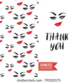 Fashion greeting card with girl emotional faces. Seamless pattern background with woman fashion emoticons, emoji, smiley icons, characters. Inscription: thank you. Vector template.