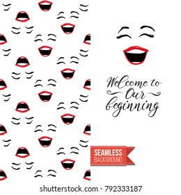Fashion greeting card with girl emotional faces. Seamless pattern background with woman fashion emoticons, emoji, smiley icons, characters. Inscription: welcome to our beginning. Vector template.