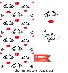 Fashion greeting card with girl emotional faces. Seamless pattern background with woman fashion emoticons, emoji, smiley icons, characters. Inscription: love you. Vector template.