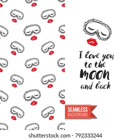 Fashion greeting card with girl emotional faces. Seamless pattern background with woman fashion emoticons, emoji, smiley icons, characters. Inscription: i love you to the moon and back.