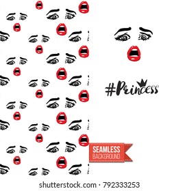 Fashion greeting card with girl emotional faces. Seamless pattern background with woman fashion emoticons, emoji, smiley icons, characters. Inscription: princess hashtag. Vector template.