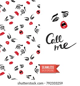 Fashion greeting card with girl emotional faces. Seamless pattern background with woman fashion emoticons, emoji, smiley icons, characters. Inscription: call me. Vector template.