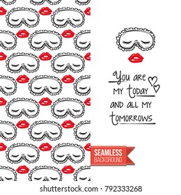 Fashion greeting card with girl emotional faces. Seamless pattern background with woman fashion emoticons, emoji, smiley icons, characters. Inscription: you are my today and all my tomorrows.