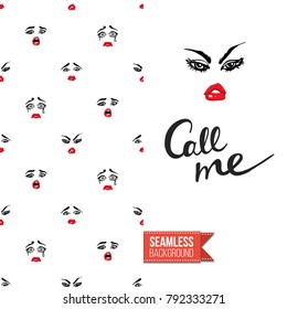 Fashion greeting card with girl emotional faces. Seamless pattern background with woman fashion emoticons, emoji, smiley icons, characters. Inscription: call me. Vector template.