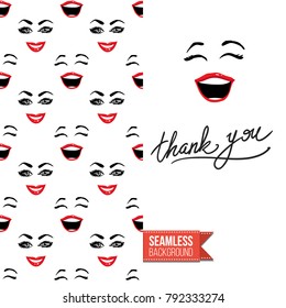 Fashion greeting card with girl emotional faces. Seamless pattern background with woman fashion emoticons, emoji, smiley icons, characters. Inscription: thank you. Vector template.