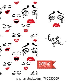 Fashion greeting card with girl emotional faces. Seamless pattern background with woman fashion emoticons, emoji, smiley icons, characters. Inscription: love you. Vector template.