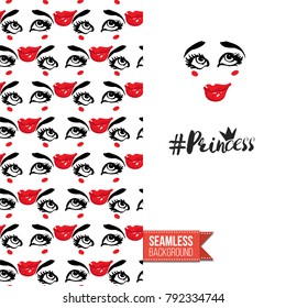 Fashion greeting card with girl emotional faces. Seamless pattern background with woman fashion emoticons, emoji, smiley icons, characters. Inscription: princess hashtag. Vector template.