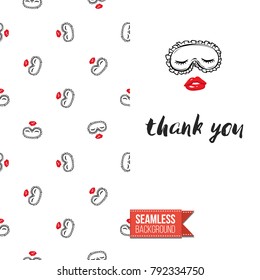 Fashion greeting card with girl emotional faces. Seamless pattern background with woman fashion emoticons, emoji, smiley icons, characters. Inscription: thank you. Vector template.