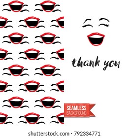 Fashion greeting card with girl emotional faces. Seamless pattern background with woman fashion emoticons, emoji, smiley icons, characters. Inscription: thank you. Vector template.
