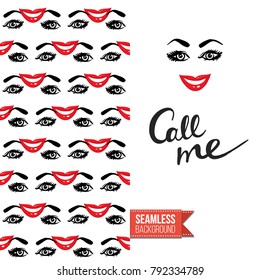 Fashion greeting card with girl emotional faces. Seamless pattern background with woman fashion emoticons, emoji, smiley icons, characters. Inscription: call me. Vector template.