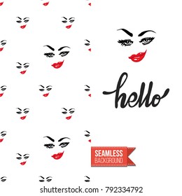 Fashion greeting card with girl emotional faces. Seamless pattern background with woman fashion emoticons, emoji, smiley icons, characters. Inscription: hello. Vector template.