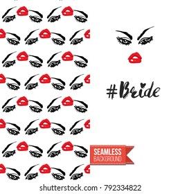 Fashion greeting card with girl emotional faces. Seamless pattern background with woman fashion emoticons, emoji, smiley icons, characters. Inscription: bride hashtag. Vector template.