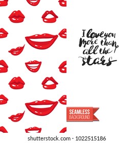 Fashion greeting card with girl emotions. Seamless pattern background woman face expressions: fashion emoticons, emoji, smiley icons, characters. Inscription: i love you more than all the stars.