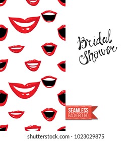 Fashion greeting card with girl emotions. Seamless pattern background woman face expressions: fashion emoticons, emoji, smiley icons, characters. Inscription: bridal shower. Vector template.