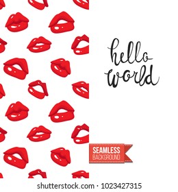 Fashion greeting card with girl emotions. Seamless pattern background woman face expressions: fashion emoticons, emoji, smiley icons, characters. Inscription: hello world. Vector template.