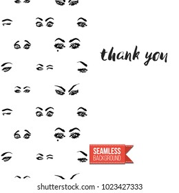 Fashion greeting card with girl emotions. Seamless pattern background woman face expressions: fashion emoticons, emoji, smiley icons, characters. Inscription: thank you. Vector template.