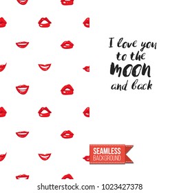 Fashion greeting card with girl emotions. Seamless pattern background woman face expressions: fashion emoticons, emoji, smiley icons, characters. Inscription: i love you to the moon and back.