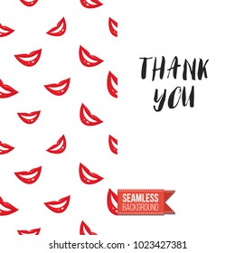Fashion greeting card with girl emotions. Seamless pattern background woman face expressions: fashion emoticons, emoji, smiley icons, characters. Inscription: thank you. Vector template.