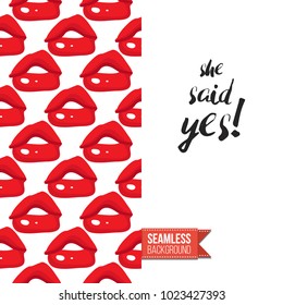Fashion greeting card with girl emotions. Seamless pattern background woman face expressions: fashion emoticons, emoji, smiley icons, characters. Inscription: she said yes. Vector template.