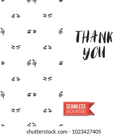 Fashion greeting card with girl emotions. Seamless pattern background woman face expressions: fashion emoticons, emoji, smiley icons, characters. Inscription: thank you. Vector template.
