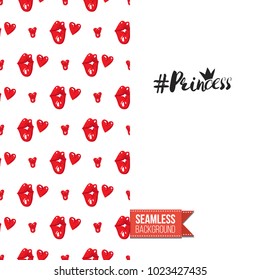 Fashion greeting card with girl emotions. Seamless pattern background woman face expressions: fashion emoticons, emoji, smiley icons, characters. Inscription: princess hashtag. Vector template.