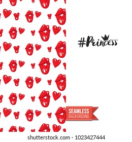 Fashion greeting card with girl emotions. Seamless pattern background woman face expressions: fashion emoticons, emoji, smiley icons, characters. Inscription: princess hashtag. Vector template.
