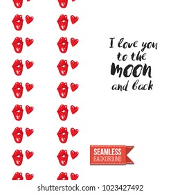 Fashion greeting card with girl emotions. Seamless pattern background woman face expressions: fashion emoticons, emoji, smiley icons, characters. Inscription: i love you to the moon and back.