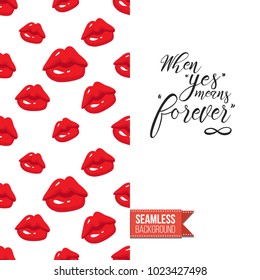 Fashion greeting card with girl emotions. Seamless pattern background woman face expressions: fashion emoticons, emoji, smiley icons, characters. Inscription: when yes means forever. Vector template.