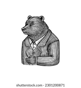 Caracter de moda Grizzly Bear con traje. Caballero con una chaqueta. Ropa retro animal. Estilo de grabado vintage. Esbozo dibujado a mano para avatar con el logo o tatuaje o camisetas.