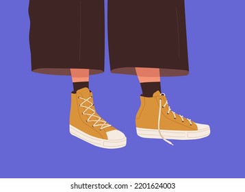 Fashion gumshoes on girls legs in pants. Women feet wearing sport shoes and socks. Modern casual cool sneakers, sporty textile footwear, footgear with shoelaces. Colored flat vector illustration