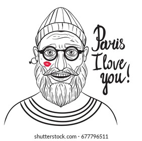 Fashion guy bearded with glasses and hat. Romantic hipster. The inscription Paris I love you ! Hand drawing line. Vector illustration isolated on white background.