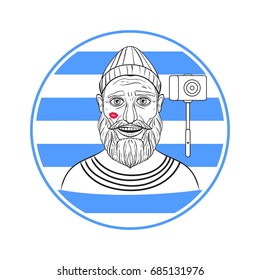 Fashion guy bearded with selfie stick. Hand drawing line. Round frame striped background. Vector illustration isolated on white background.