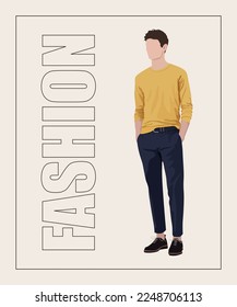 Fashion guy in stylish clothes in flat style. The guy on a stylish background with the inscription fashion