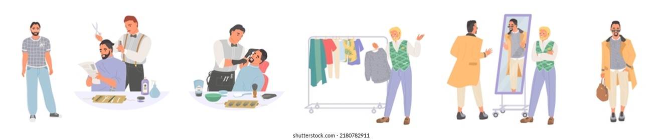 Fashion guy vector. Stylish man at barber shop or clothes boutique isolated illustration set. Male model caring about appearance. Fashionable people and styling concept