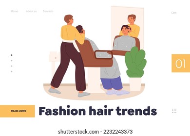 Fashion hair trends concept of landing page with professional barber doing hairdo to male client in barbershop. Hairstylist work in hairstyle salon with hipster cutting hair. Flat vector illustration