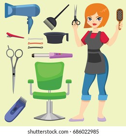 Fashion hairdresser with hair clipper and hairbrush isolated professional stylish barber tools for cutting vector illustration.