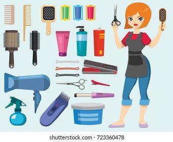 Fashion hairdresser with hair clipper and hairbrush isolated professional stylish barber tools for cutting vector illustration.