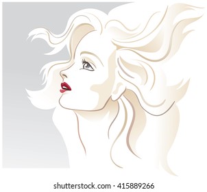 Fashion hairstyle woman model. Blonde, beautiful, profile. Light pastel colors. Vector illustration