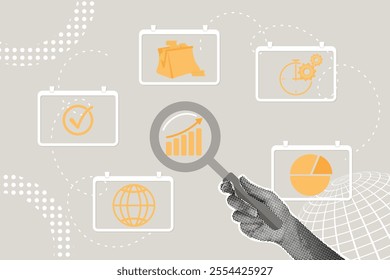 Fashion halftone collage. Business concept, financial analytics, efficiency improvement, financial data, operations, sales. Working with data management system for data analytics,business intelligence