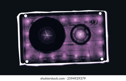 Fashion halftone element with photocopy effect. Vintage pink music cassette with backlight. Grunge punk collage sticker, modern retro vector illustration for poster, print, banner