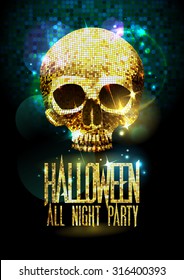 Fashion halloween party poster with gold sparkles skull.