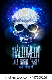 Fashion halloween party poster with silver sparkles skull, shiny headline, copy space for text