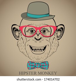 Fashion Hand Drawing Illustration of Monkey in Glasses, Bow Tie and Bowler Hat. Hipster look. Retro vintage style.  Doodle style. Vector