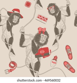 Fashion Hand Drawing seamless pattern with Monkey