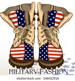 Fashion hand drawn boots in military style with USA flag