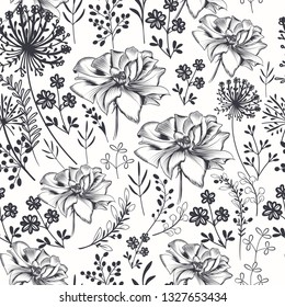 Fashion hand drawn engraved pattern with botanical florals and roses
